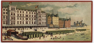 Grandes hotéis: vista exterior do Hotel de la Plage em Ostende, Bélgica - Mapa de uma série que apresenta os hotéis da "Compagnie Internationale des Grands Hotels", finais do século XIX - início do século XX de William M. Timlin