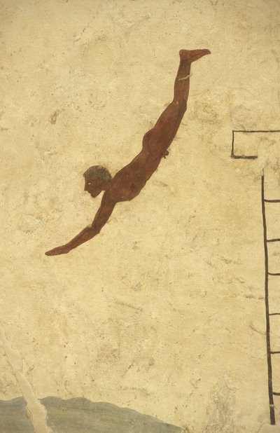 Arte grega: Fresco do Túmulo do Mergulhador, Paestum, Região de Campagnie, Itália. Tomba del Tuffatore, mural, Parque Arqueológico de Paestum, Campagnie, Itália de William M. Timlin