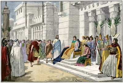 Mitologia grega e romana: Dídon (ou Eliseu ou Elissa), lendário fundador e primeira rainha de Cartago (Tunísia), recebe Eneias, heróis da Guerra de Troia e fundador de Lavínio, originário de Roma (Itália) - Gravura a cores do século XIX - Dido, fou de Unbekannter Künstler