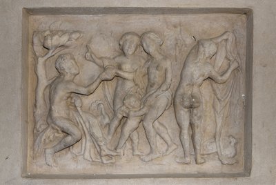 Mitologia grega: o julgamento de Paris. O pastor Paris deve escolher a mais bela das três deusas de Afrodite (Vénus), acompanhada por Cupido, Hera (Junon) e Atena (Minerva). Ele escolhe Afrodite, a quem oferece uma maçã de ouro. Alívio de Unbekannt