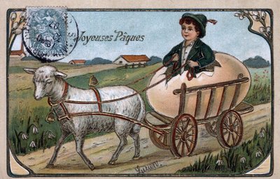 Cartão de Boas Festas da Páscoa: uma criança que sai de um ovo conduz um carrinho puxado por um cordeiro - Cartão Postal datado de 1907 de William M. Timlin