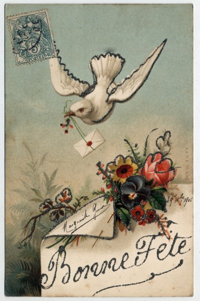 Cartão de saudação: um pássaro traz uma carta selada - Cartão Postal datado de 1906 de Unbekannt