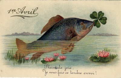 Cartão de saudação de 1 de Abril: peixe com um trefle de quatro folhas - Cartão postal do final do século XIX ao século XX de William M. Timlin