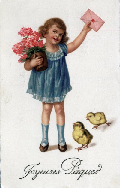 Cartão de boas-vindas para a Páscoa: uma menina trazendo uma carta selada acompanhada por dois pintinhos - Cartão postal do final do século XIX ao século XX de Unbekannt