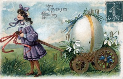Cartão de Boas Festas da Páscoa: uma menina prende um ovo gigante num carrinho - Cartão Postal do final do século XIX ao século XX de William M. Timlin