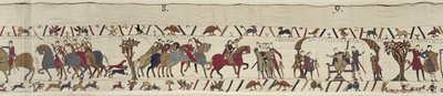 Guy de Ponthieu leva Harold como prisioneiro para o castelo de Beaurain, Bayeux Tapestry (bordado de lã em linho) de Unbekannt