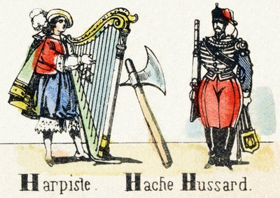 H - Harpiste Hache Hussard - Alfabeto - entretenimento infantil - Imagem epinal, série popular c.1890 (ilustração) de Unbekannt