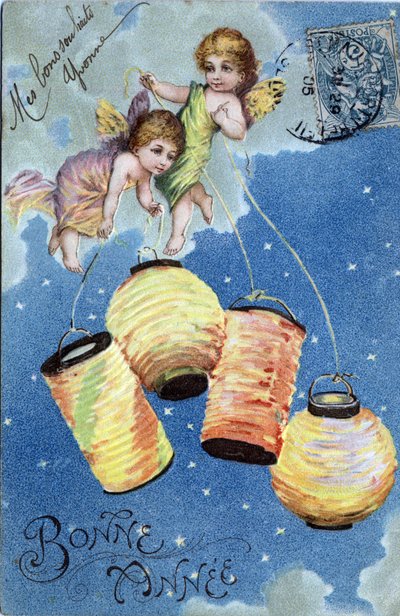 Feliz Cartão de Boas Festas de Ano Novo: Dois Anjos com Lanternas - Cartão Postal datado de 1905 de Unbekannt