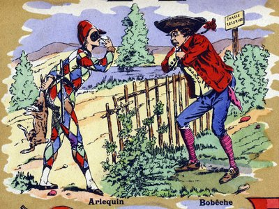 Arlequim e Bobeche . Alfabeto ilustrado. Imagens reunidas em Jarville-Nancy, início do século XX. Dimensões: 40 x 29 cm. Litografia sobre fundo de bistre. de William M. Timlin