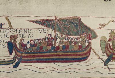 Os navios do Harold são levados para o território do Conde Guy de Ponthieu, Bayeux Tapestry (bordado de lã em linho) de Unbekannt