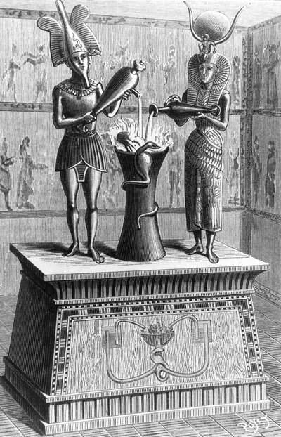 O maravilhoso altar de Heron de Alexandria (séc. I d.C.): quando o fogo é aceso no altar, as estátuas deitam vinho e leite e as serpentes sibilam, gravura de Unbekannter Künstler
