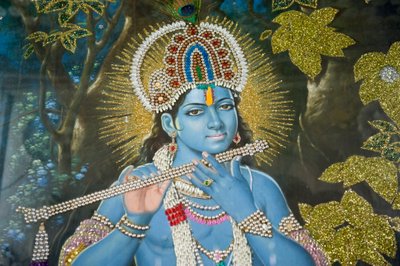 Hinduísmo; pintura do Senhor Krishna com flauta; Templo Durgiana Mandir Vishnu; Amritsar; Punjab; Índia; Sul da Ásia; Ásia de Unbekannt
