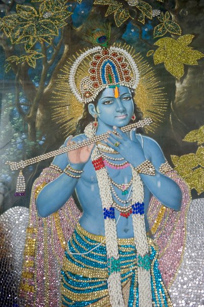 Hinduísmo; pintura do Senhor Krishna com flauta; Templo Durgiana Mandir Vishnu; Amritsar; Punjab; Índia; Sul da Ásia; Ásia de Unbekannt