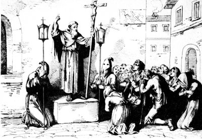 História da Roma Antiga. Um frade prega ao povo em uma praça em Roma. Gravura de Bartolomeo Pinelli no século XIX de Unbekannt