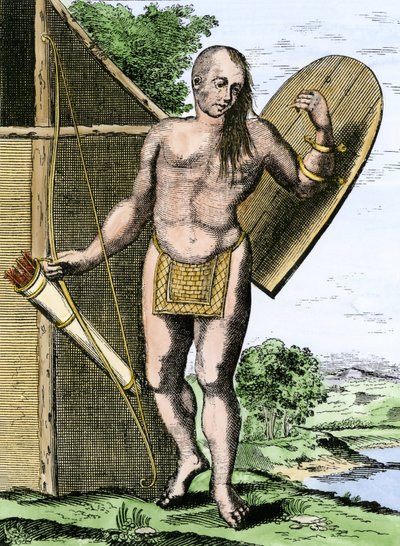 História dos povos indígenas: Um índio do Canadá segurando um escudo, um arco e flechas numa aljava de Unbekannter Künstler