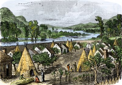 História dos povos indígenas: Aldeia de Mohawk, Nova Iorque, cerca de 1780. Gravura colorida do século XIX. de Unbekannter Künstler