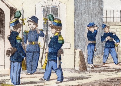 Caçadores a pé. Gravura em "Alfabeto militante enfantin". Imagem de Pont-a-Mousson, por volta de 1890. 20 páginas. Dim: 28,5x21cm de Unbekannt