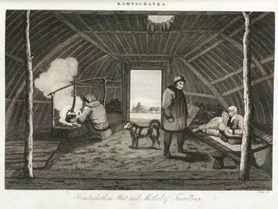 Hut em Kamchatka (península do extremo leste da Rússia) e trenó de transporte, ca. 1810 de Unbekannt
