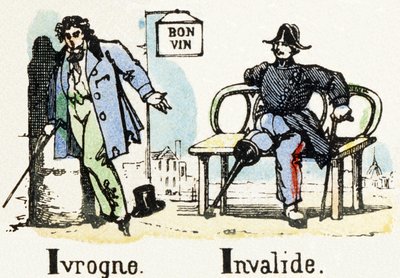 I - Ivrogne Invalide - Alfabeto - entretenimento infantil - Imagem epinal, série popular c.1890 (ilustração) de Unbekannt