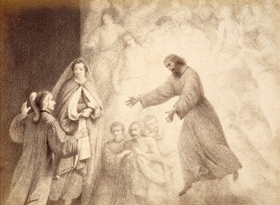 Na Esfera de Marte, Dante encontra o espírito do seu antepassado Cacciaguida. Ilustração do Canto XV do Paradiso de A Divina Comédia de Dante Alighieri. Obra de Franceso Scaramuzza dedicada ao Município de Florença. de Unbekannter Künstler