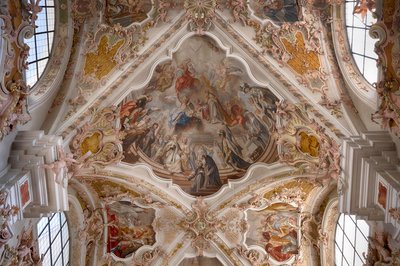 Fotografia interior de frescos de tecto, pintura de tecto, basílica do mosteiro, igreja do mosteiro, mosteiro dos cânones agostinianos, mosteiro Neustift, também mosteiro, Vahrn perto de Brixen, Bressanone, Tirol do Sul, Itália, Europa (foto) de Unbekannter Künstler