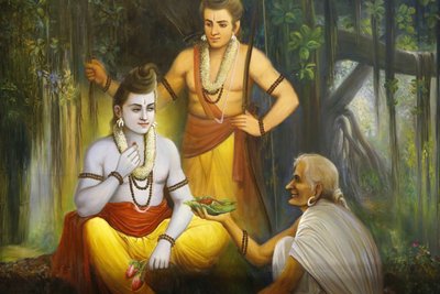Jalaram Prathna templo hindu, Leicester. Fresco. Rama encontrando Shabari que oferece comida a Ramacandra. Reino Unido. de Unbekannt