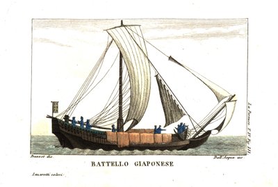 Barco à vela japonês. Ilustração de Jean Louis Prevost do diário de Jean François de Galaup, conde de La Perouse (1741-1788). Gravura em talhe-doce de dell