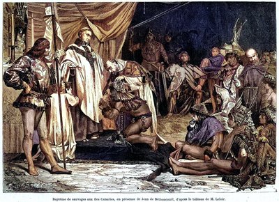 Jean de Bethencourt, cavalheiro normando, Barão de Saint Martin le Gaillard, conquistou e cristianizou as Ilhas Canárias em Janeiro de 1405, a partir da revista "Sur terre et sur mer" n°28, 8 de Janeiro de Unbekannter Künstler