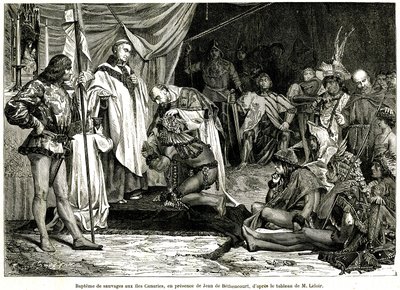 Jean de Bethencourt, cavalheiro normando, Barão de Saint Martin le Gaillard, conquistou e cristianizou as Ilhas Canárias em Janeiro de 1405, a partir da revista "Sur terre et sur mer" n°28, 8 de Janeiro de Unbekannter Künstler