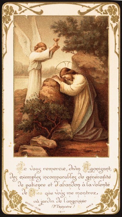 Jesus ajoelhado em oração no Jardim do Getsêmani, um anjo apresentando-lhe um cálice. Início do século 20 (cartão postal) de Unbekannter Künstler