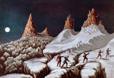 Ascensão de John MacGregor ao Mont Blanc, rota dos Grands Mulets, ilustração de Narrative de ascensão ao Mont Blanc, 21 de setembro de William M. Timlin