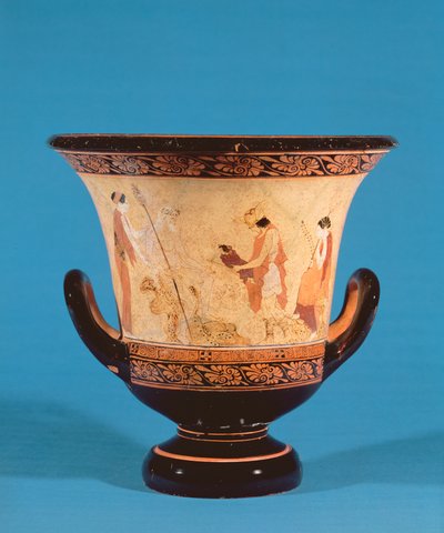 Kalyx krater representando Hermes entregando o bebé Dionísio às Ninfas, Etrusco, c.460 BC (terracota) de Unbekannt