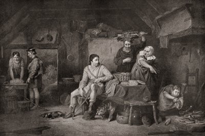 O rei Alfredo na casa de campo de Neatherd. Alfredo, o Grande, c.848 899. A lenda conta que, quando Alfred fugiu para os níveis de Somerset, foi abrigado por uma camponesa que, desconhecendo a sua identidade, o deixou a ver uns bolos que tinha de Unbekannter Künstler