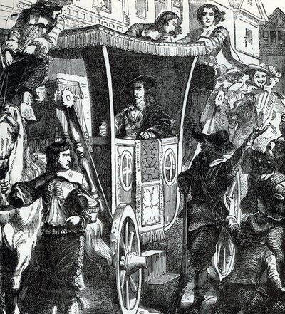 O Rei Carlos I, saudado pela multidão após a tentativa falhada de prender os cinco membros do Parlamento John Pym, John Hampden, Denzil Holles, William Strode e Arthur Haselrig, em 4 de janeiro de 1642. Século XIX (gravura de "History of the world") de Unbekannter Künstler