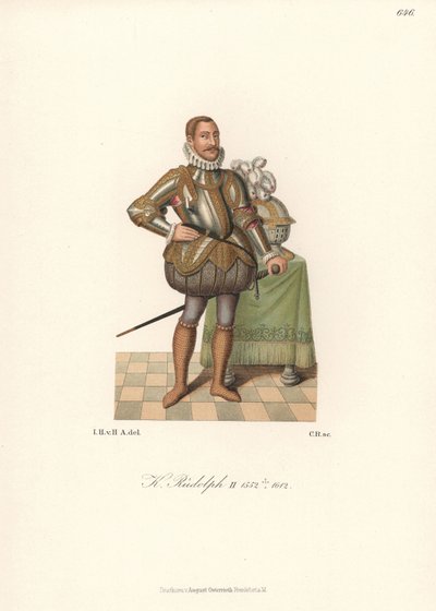 Rei Rodolfo II, Sacro Imperador Romano-Germânico, Rei da Boémia, Arquiduque da Áustria (1552-1612). Com rufo de renda, armadura de placas decorada com ouro, mangueira acolchoada com cortes e meias de cota de malha. Cromolitografia de Hefner-Alteneck
