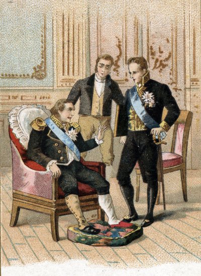O rei de França Luís XVIII (1755-1824) muito doente, dizendo "o rei pode morrer, não deve estar doente" a Joseph de Villele em agosto de 1824. Século XIX (cromolitografia) de Unbekannter Künstler