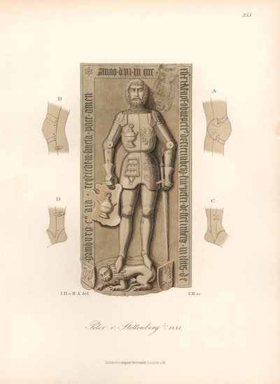 Cavaleiro com armadura do século XV, com pormenores das ligaduras nos joelhos e nos cotovelos - Lápide de Peter von Stettenberg, falecido em 1441 - Cromolitografia, desenho de Jakob Heinrich von Hefner-Alteneck (1811-1903), para o seu livro "Trajes, ofício de Unbekannter Künstler