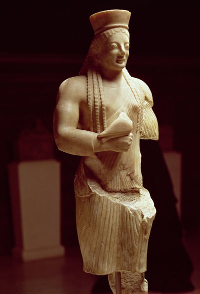 Figura core de uma fêmea jovem Ateniense segurando uma oferta de pássaro, grega, c.540-530 BC (mármore e pigmento policromado) de Unbekannt