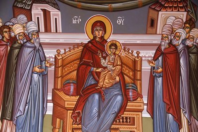 Mosteiro de Kykkos, Chipre. Fresco. Virgem e criança rodeadas por oradores, 20150510, Pedoulas, Chipre. de Unbekannt