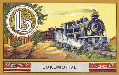 L : Lokomotive - Alfabeto Palmin. Série de cromolitógrafos publicada por H. Schlinck & Cie, Hamburg, n. d. . Publicidade para Palmin feinstes Cocosfett. Dimensões : 7 x 11 cm de Unbekannt
