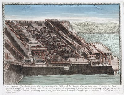 A máquina de Marly de Rennequin que foi utilizada para bombear e conduzir as águas do Sena até Versalhes por intermédio do aqueduto de Marly, para abastecer de água os parques dos castelos de Marly e Versalhes. de Unbekannt