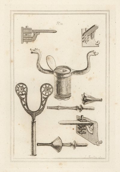 Descanso de lança 1,2,3, descanso de mosquete 4,5, coronel ou coronel de uma lança basculante 6, mira ou cabo de uma lança basculante com placa de van ou protetor de mão 7, e lança basculante sem placa de van 8 de Unbekannt