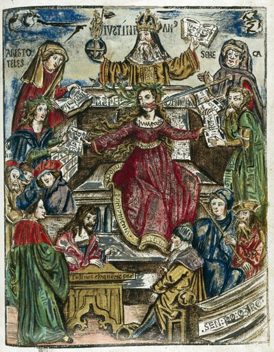 Os ramos do conhecimento do século XVI: cada um representado por diferentes personalidades: acima, Aristóteles (384-322 AC) para a filosofia e Séneca (Lucius Annaeus Séneca, 4 AC-65) para a moralidade de Unbekannt
