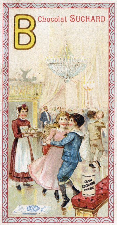 Letra B: baile, varanda, bebidas, velas, empregada, banco. Gravura do Alfabeto editada por Chocolat Suchard, início do século XX. 24 cromolitógrafos representando lugares, personagens e objetos a serem descobertos na imagem. Dim: 105x55mm de Unbekannt