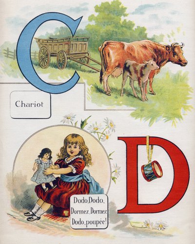 Letras C e D: Carrinho e dormindo, dormindo, dormindo, dormindo, dormindo boneca. Gravura em "ABC L