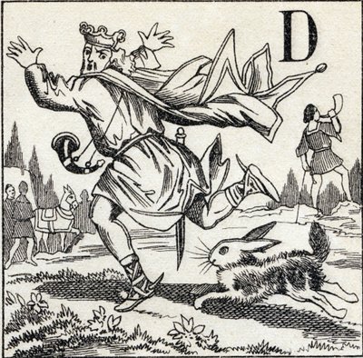 Carta D: Rei Dagobert perseguido por uma lebre. Gravura em "ABC Les Images en Alphabet". Imagem epinal. Pellerin e Cie, impressora-editora, Epinal, final do século XIX, cerca de 1890. 10 páginas. Dim: 19,5 x 13,5 cm. de Unbekannt