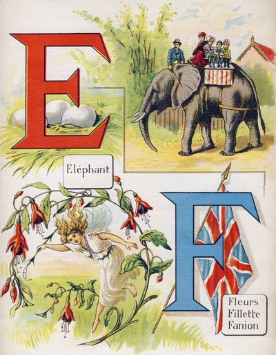 Letras E e F: elefante e flores, menina, galhardete. Gravura em "ABC L