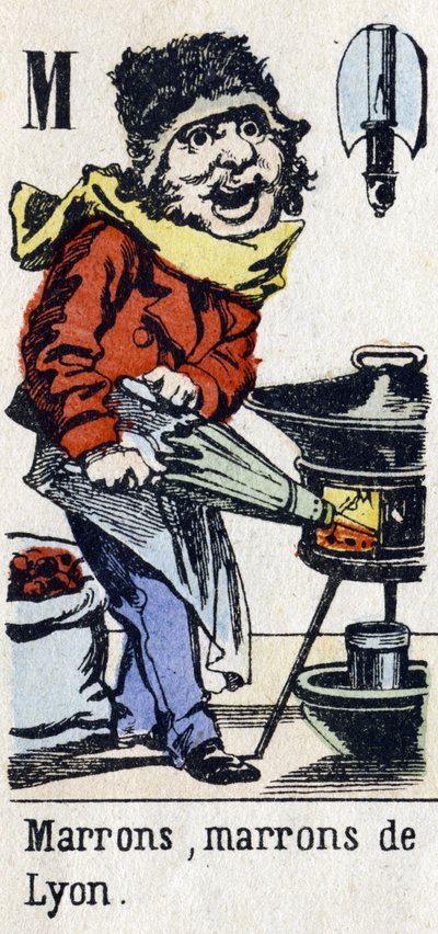Carta M: "Brown, Brown de Lyon". Alfabeto "Diversão infantil". Imaging of Epinal, cerca de 1890. Série popular. Pequeno livreto de 8 páginas . Gravuras em madeira estampada sobre o tema dos pequenos metiers de rua e os gritos de Paris. de Unbekannt