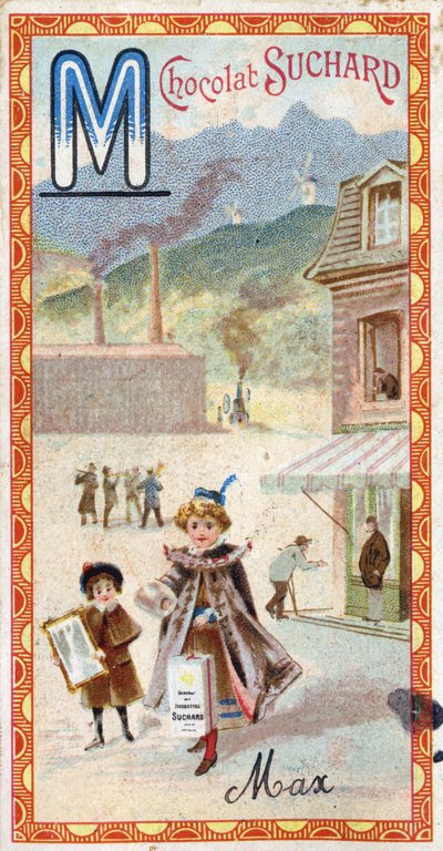 Letra M: montanha, espelho, máquina, fabricação, casaco, mendigo, moinho. Gravura do Alfabeto editada por Chocolat Suchard, início do século XX. 24 cromolitógrafos representando lugares, personagens e objetos a serem descobertos na imagem. Dim: de Unbekannt