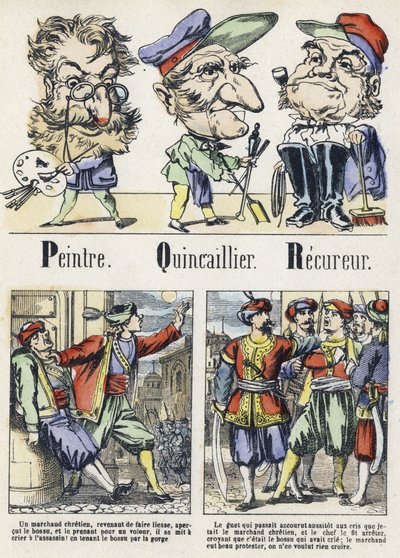 Letras P, Q e R: Pintor, Hardware e Recuperador. Alfabeto do Conto do Leste. Imaging of Epinal, cerca de 1890. Série popular. Pequeno livreto de 8 páginas. Dim: 205x150mm. Gravuras em madeira estampada sobre o tema dos métiers. de Unbekannt